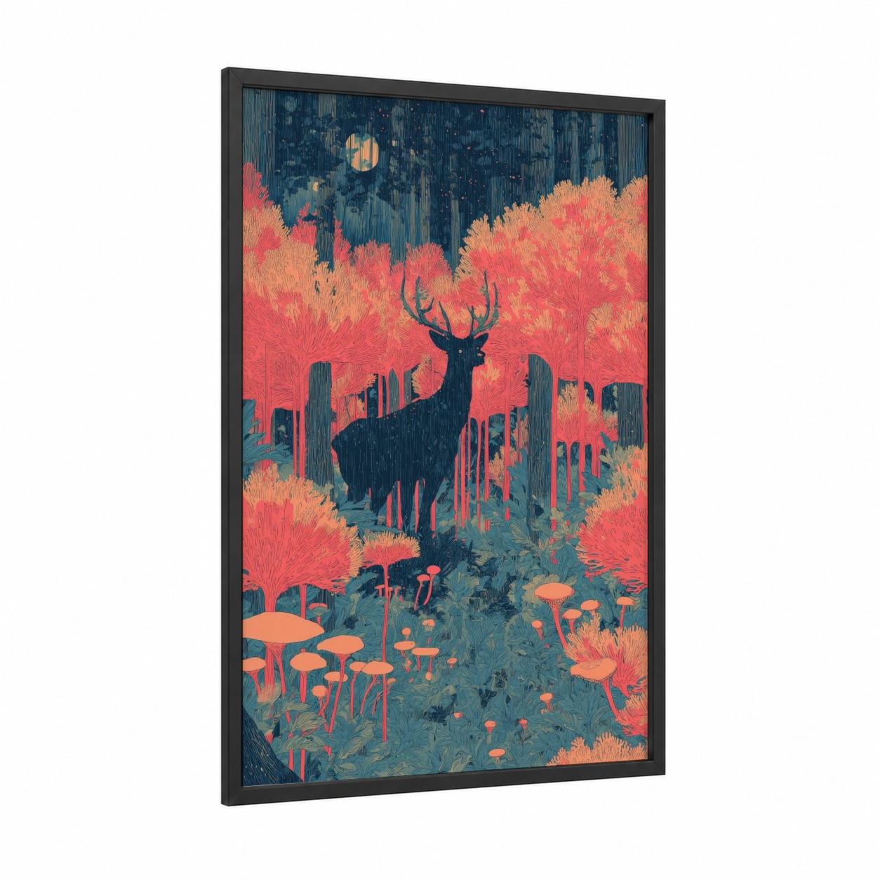 Crimson Forest Deer framed extraterrestrial print — black wood frame — pink and blue and gold palette