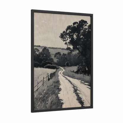 Winding Country Road framed various landscapes print — black wood frame — black and white and gray palette