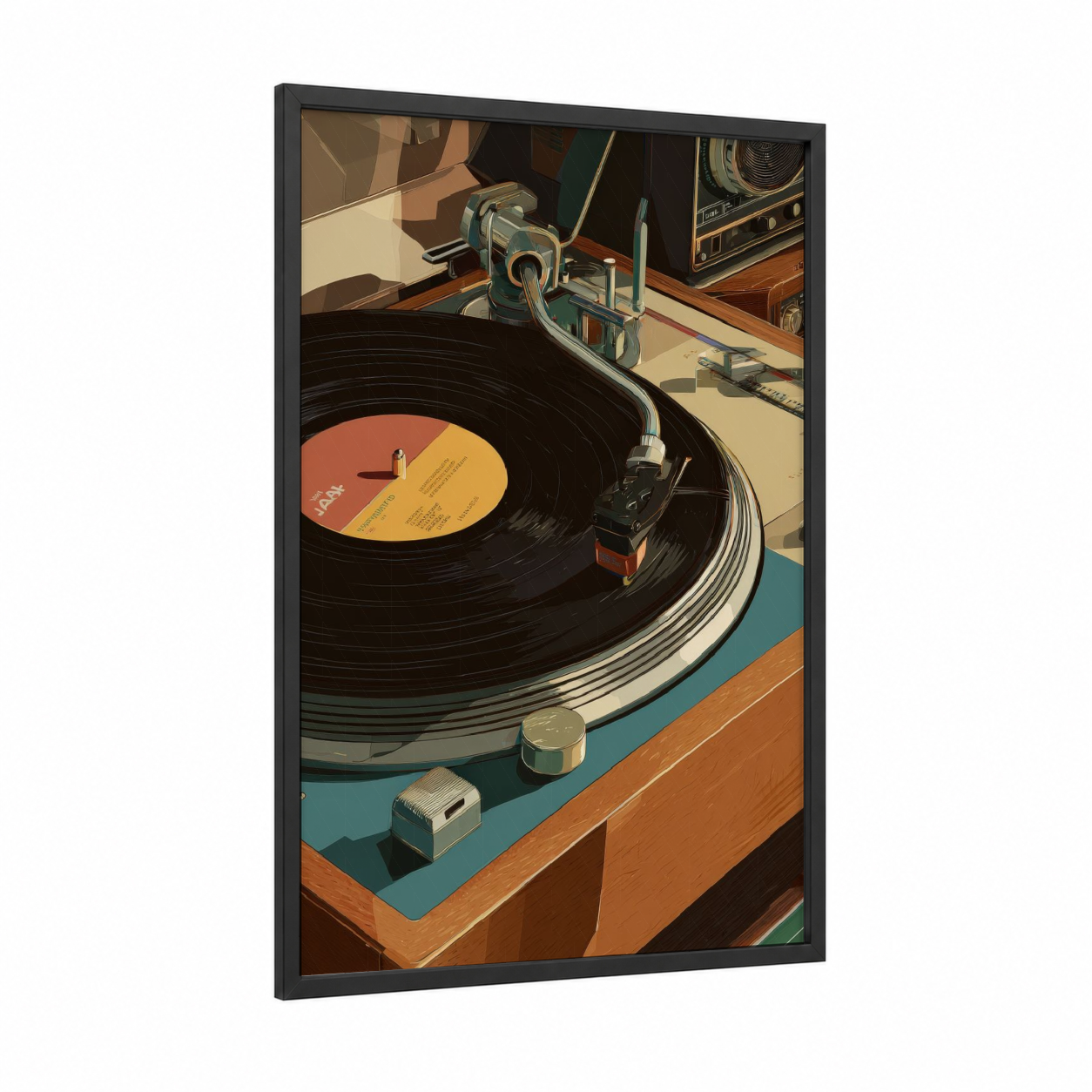 Vintage Turntable Setup framed vinyl records print — black wood frame — gold and brown palette