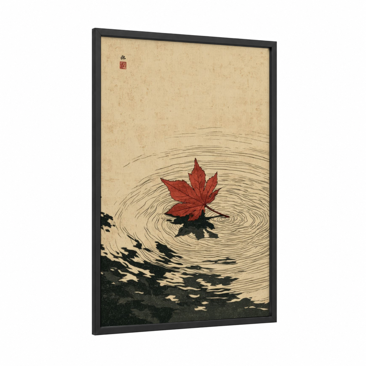 Crimson Leaf Ripples framed autumn print — black wood frame — cream and red palette