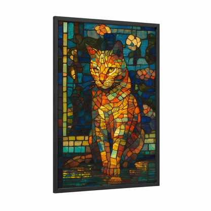 Golden Mosaic Cat framed art print — black wood frame — gold and blue palette