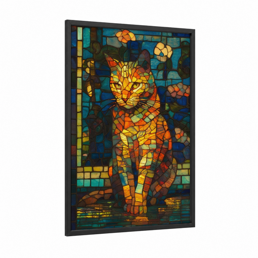 Golden Mosaic Cat framed art print — black wood frame — gold and blue palette