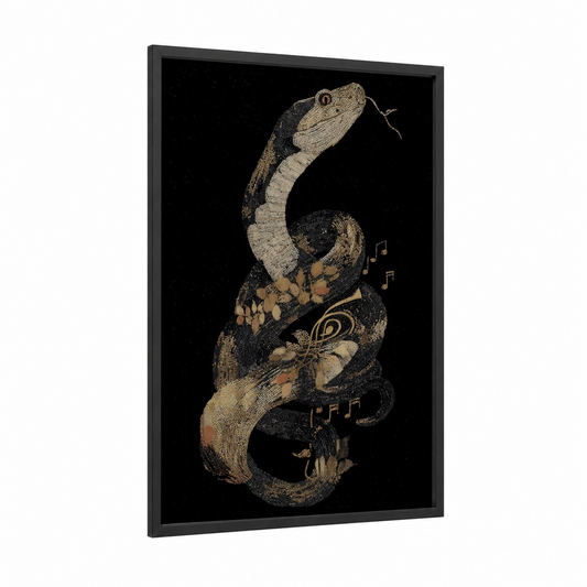 Musical Python framed art print — black wood frame — gold and black and gold palette