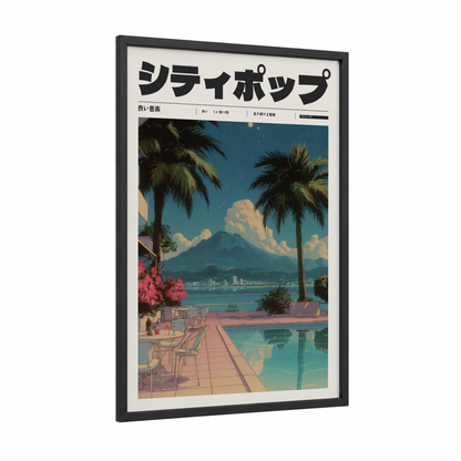 Tropical Sunset Serenity framed anime and manga print — black wood frame — teal and peach palette