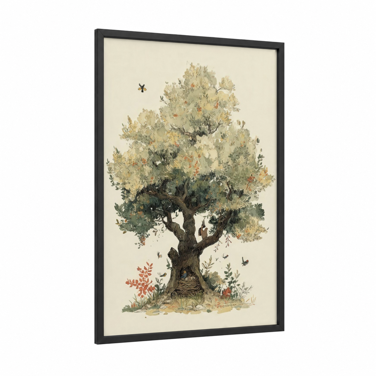 Gnarled Olive Tree framed art print — black wood frame — sage green and cream palette