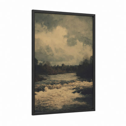 Turbulent River framed rivers print — black wood frame — cream and dove gray palette