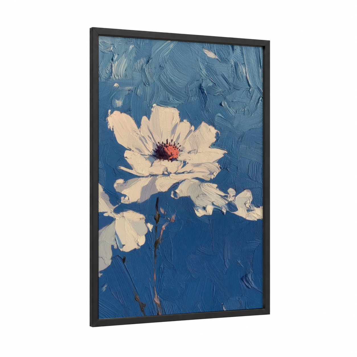 Cream Blossom framed abstract flower print — black wood frame — blue and cream palette