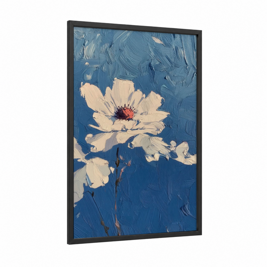 Cream Blossom framed abstract flower print — black wood frame — blue and cream palette