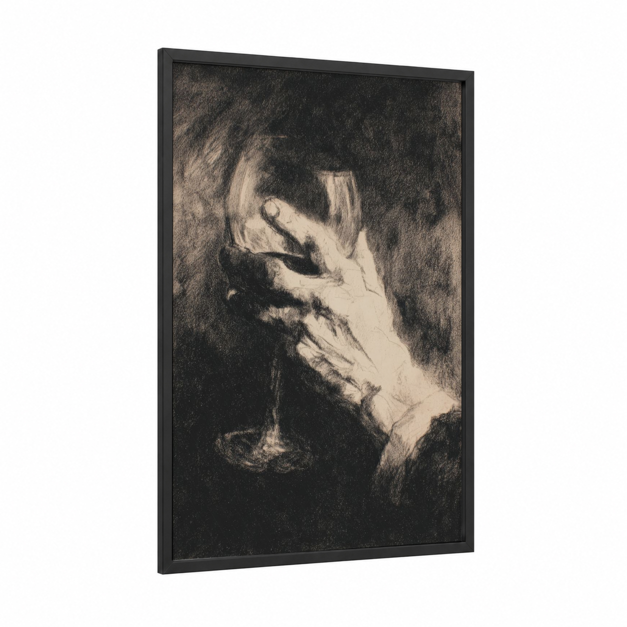 Elegant Wine Moment framed red wine print — black wood frame — black and white and gray palette