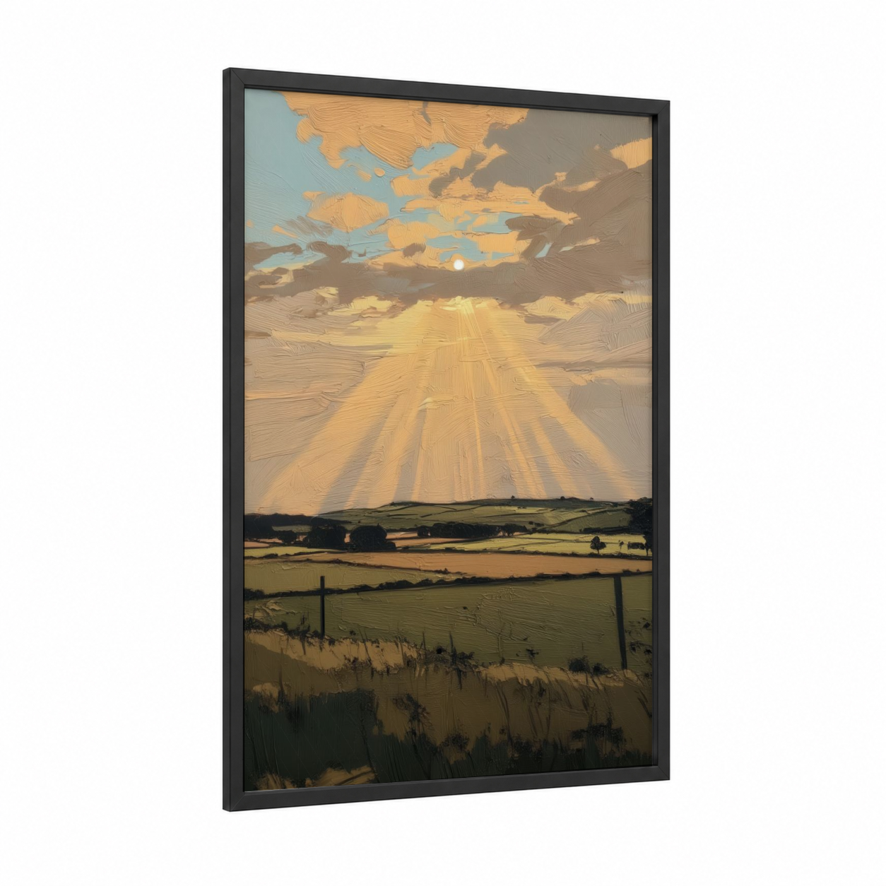 Golden Rays Meadow framed various landscapes print — black wood frame — gold and blue palette