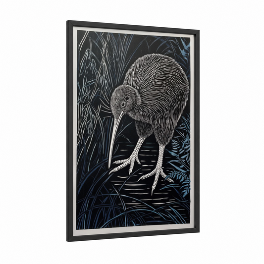 Nocturnal Kiwi framed art print — black wood frame — black and white and dark blue palette