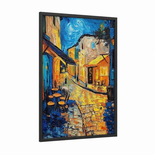 Café Terrace Night framed store print — black wood frame — blue and gold and orange palette