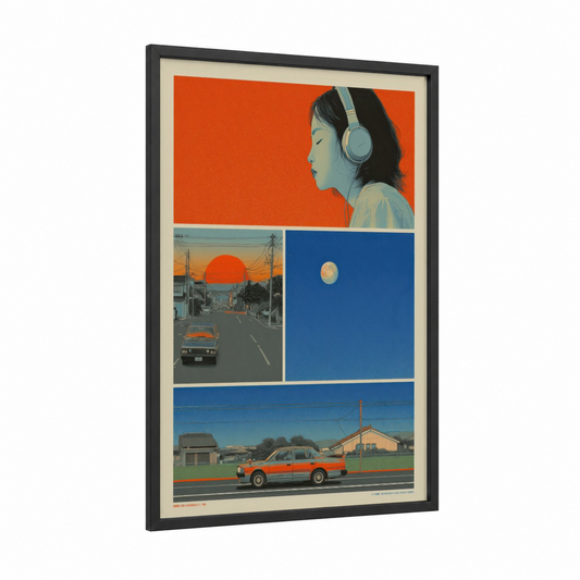 Neon Nostalgia framed japanese y2k print — black wood frame — orange and blue palette