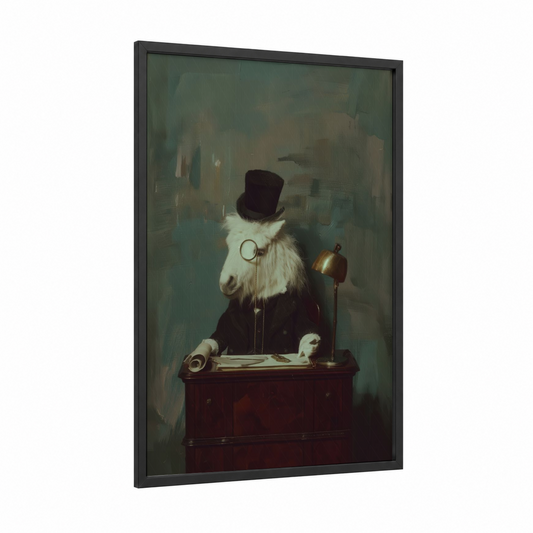 Dapper Miniature Horse framed art print — black wood frame — dove gray and maroon palette