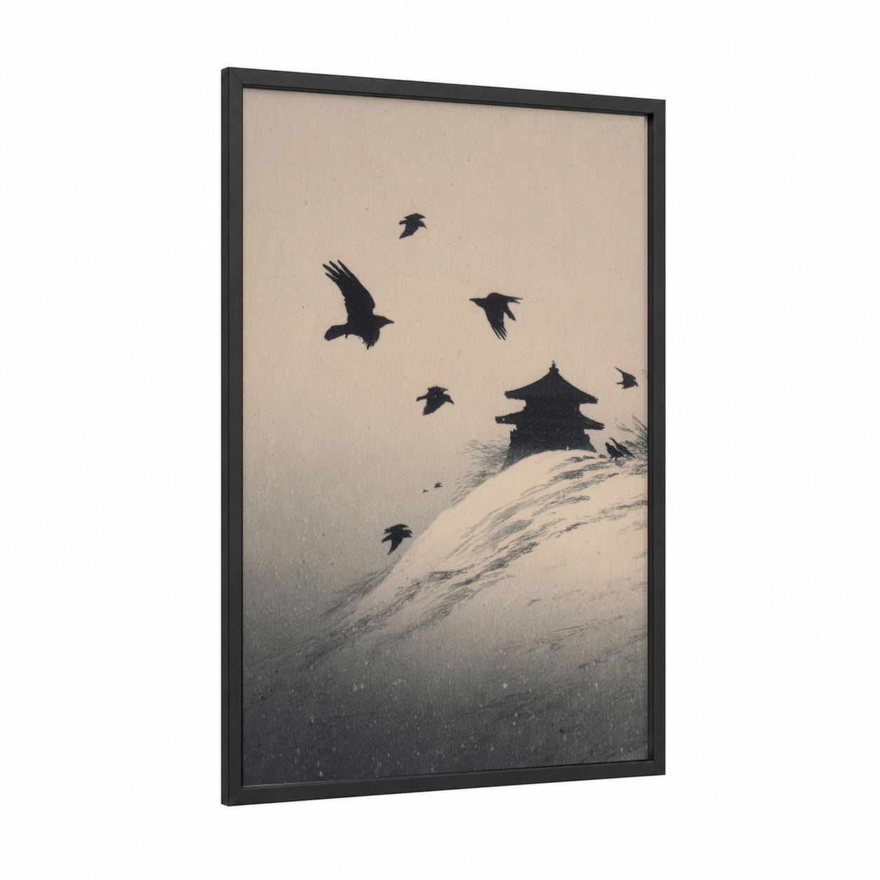 Snowy Temple Ravens framed dark fantasy print — black wood frame — black and white and gray palette