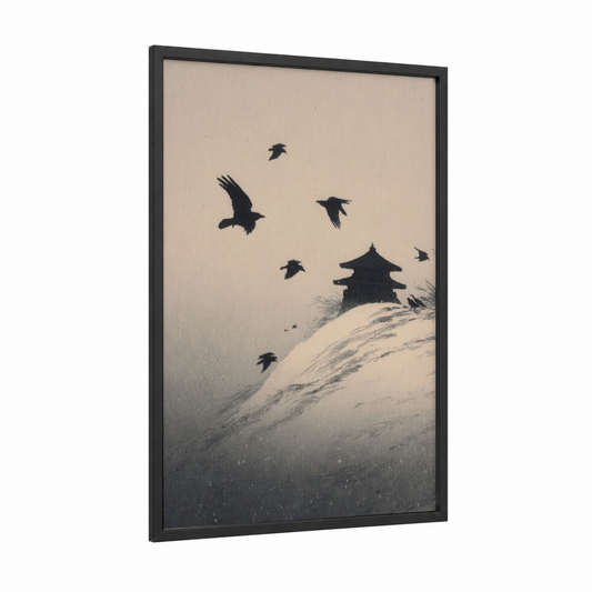Snowy Temple Ravens framed dark fantasy print — black wood frame — black and white and gray palette