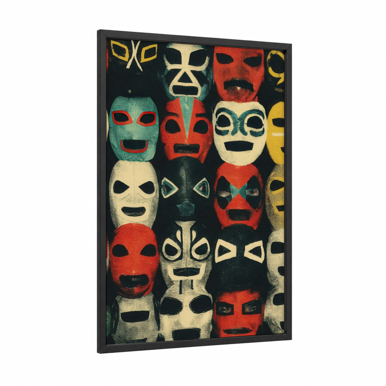 Lucha Libre Masks framed wrestling print — black wood frame — red and teal palette