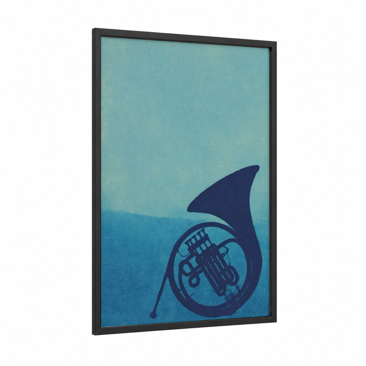Midnight French Horn framed art print — black wood frame — teal and blue palette