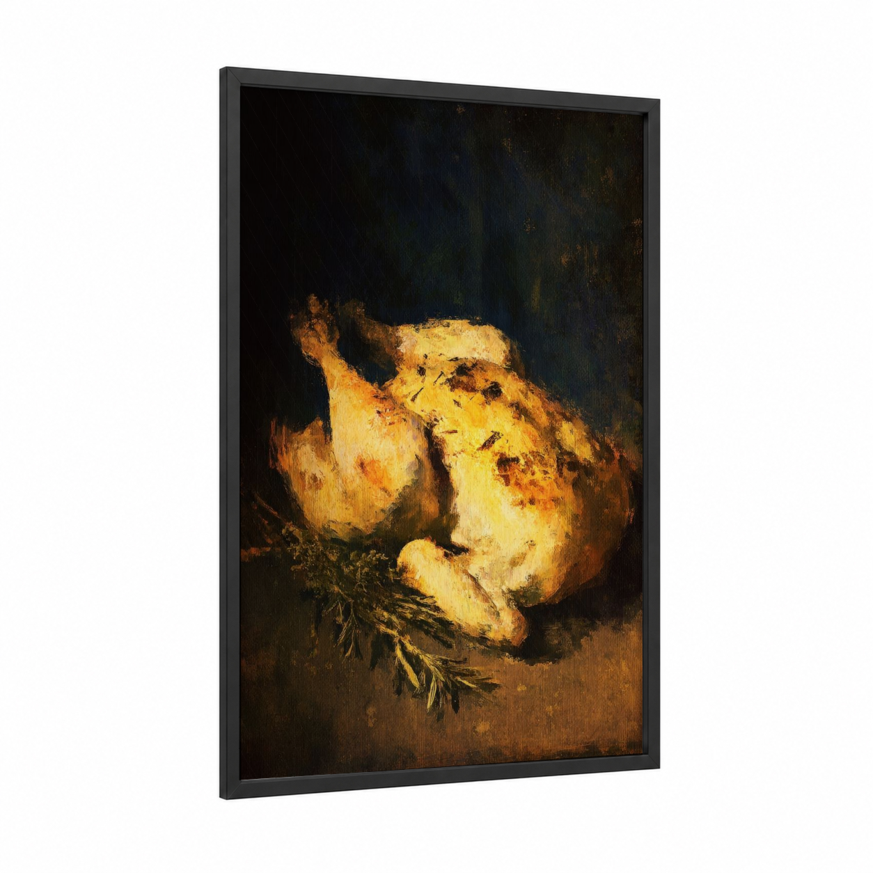 Golden Roasted Chicken framed poultry print — black wood frame — gold and brown palette