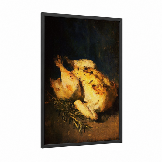 Golden Roasted Chicken framed poultry print — black wood frame — gold and brown palette