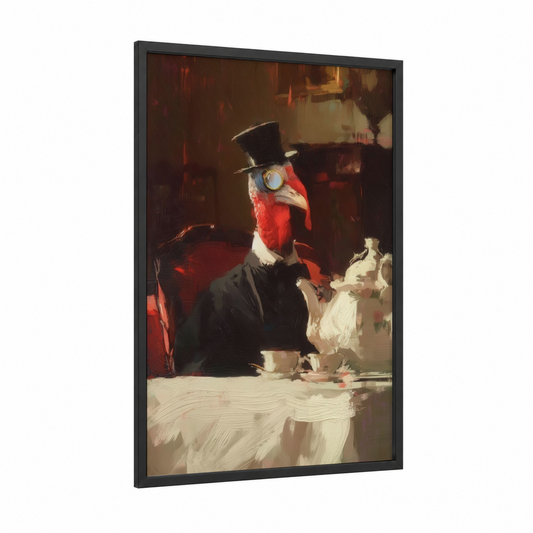 Dapper Turkey framed art print — black wood frame — maroon and gold palette