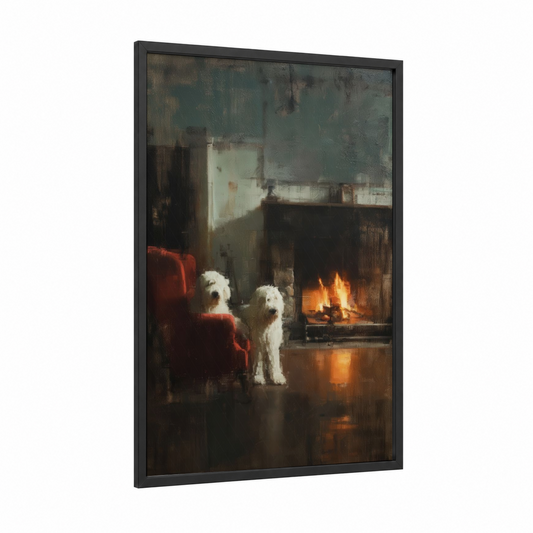 Fireside Companions framed shepherd dogs and collies print — black wood frame — gold and gray palette