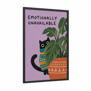 Black Cat Hiding Behind Plant Wall Art framed art print — black wood frame — lavender and true green palette
