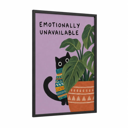 Black Cat Hiding Behind Plant Wall Art framed art print — black wood frame — lavender and true green palette