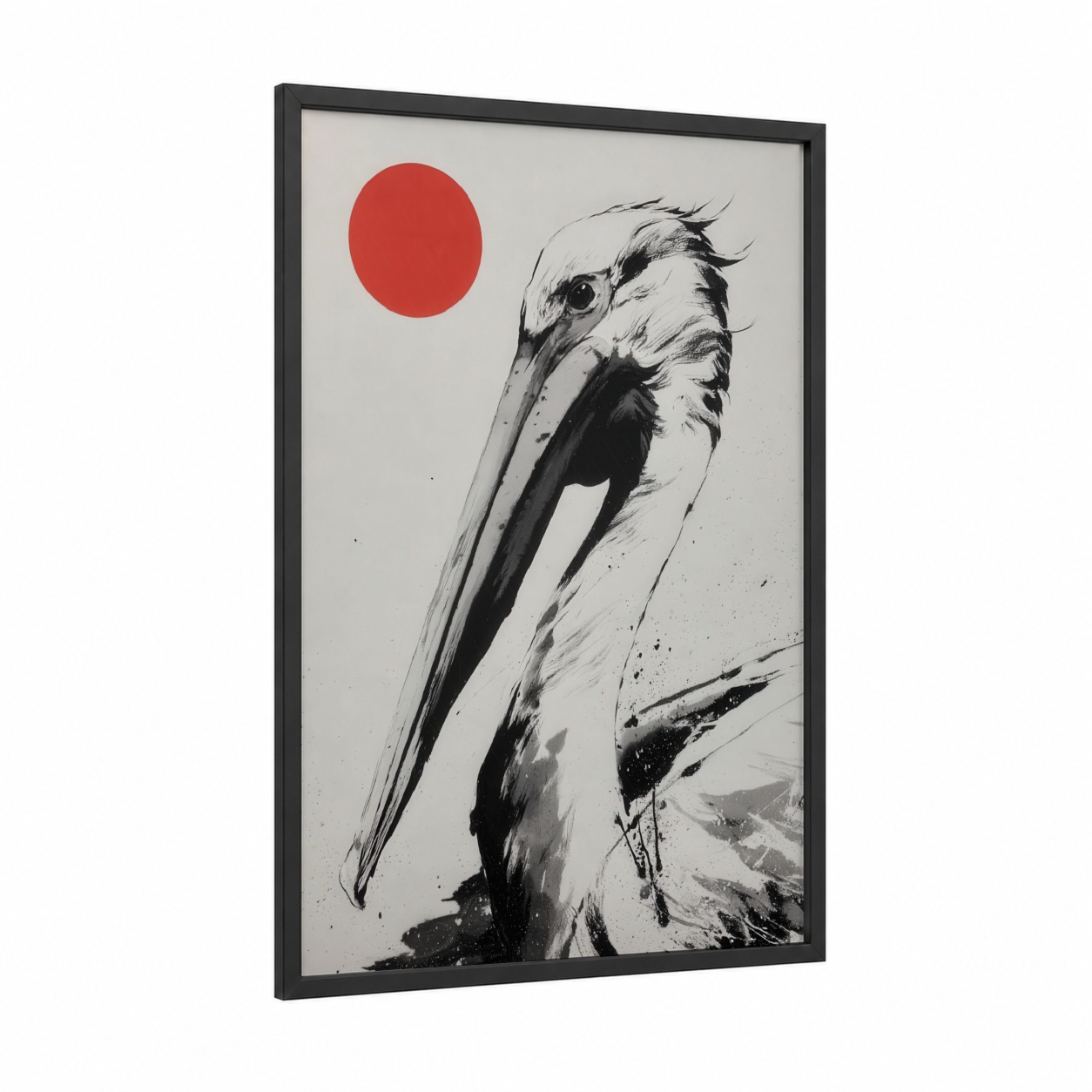 Crimson Pelican framed art print — black wood frame — black and white and red palette