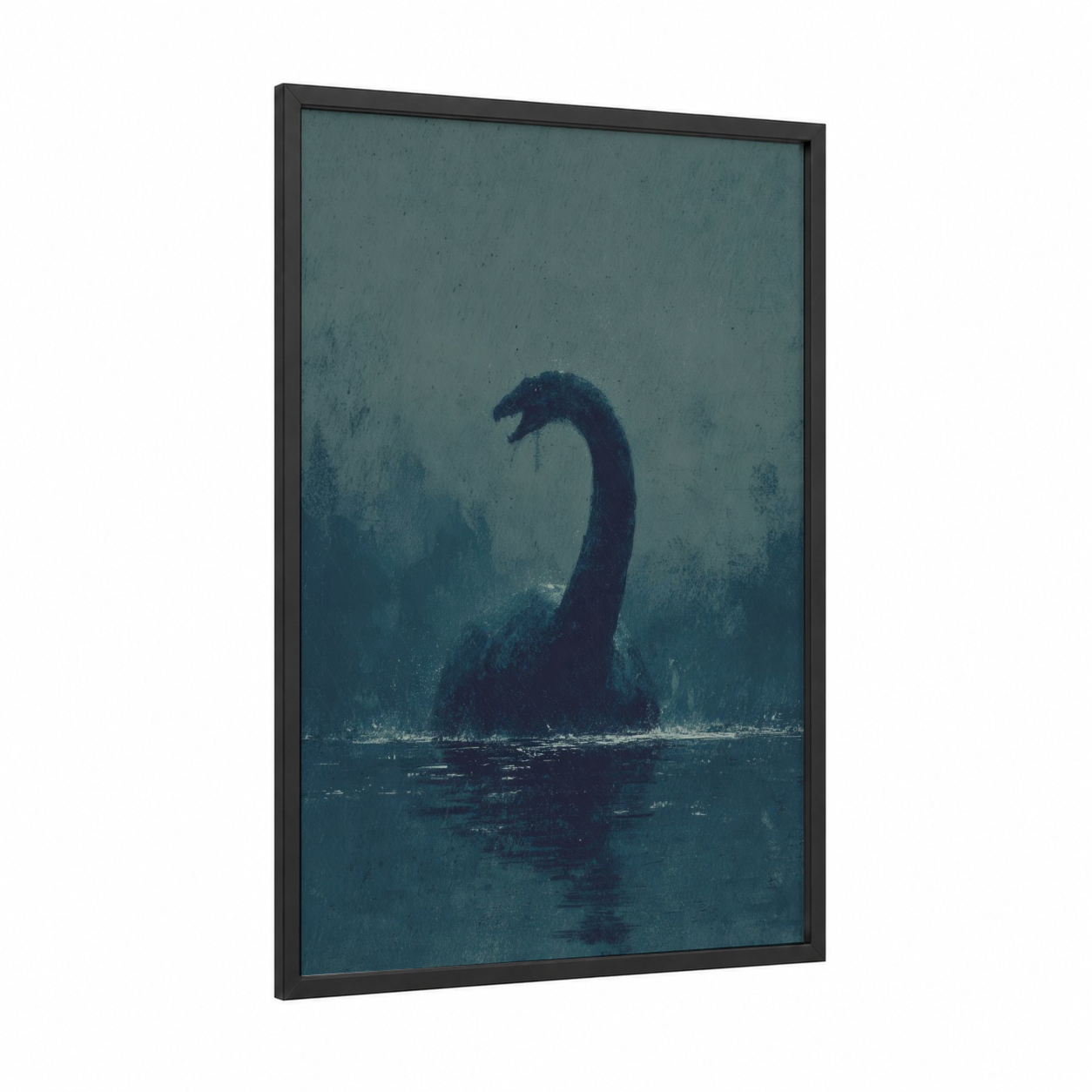 Loch Ness Mystery framed loch ness monster print — black wood frame — teal and black palette