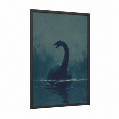 Loch Ness Mystery framed loch ness monster print — black wood frame — teal and black palette