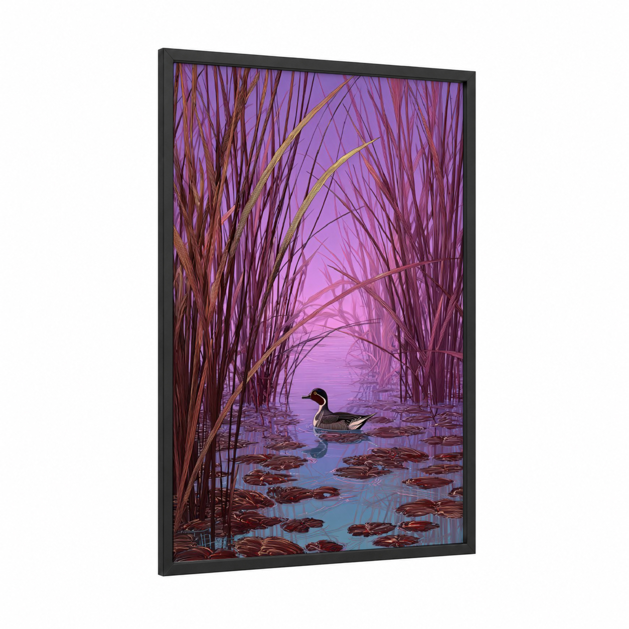 Purple Wetland Duck framed ducks print — black wood frame — purple and gold palette