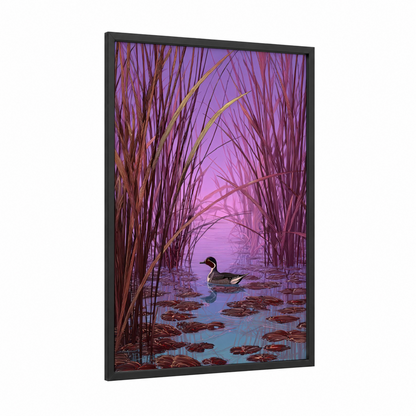 Purple Wetland Duck framed ducks print — black wood frame — purple and gold palette