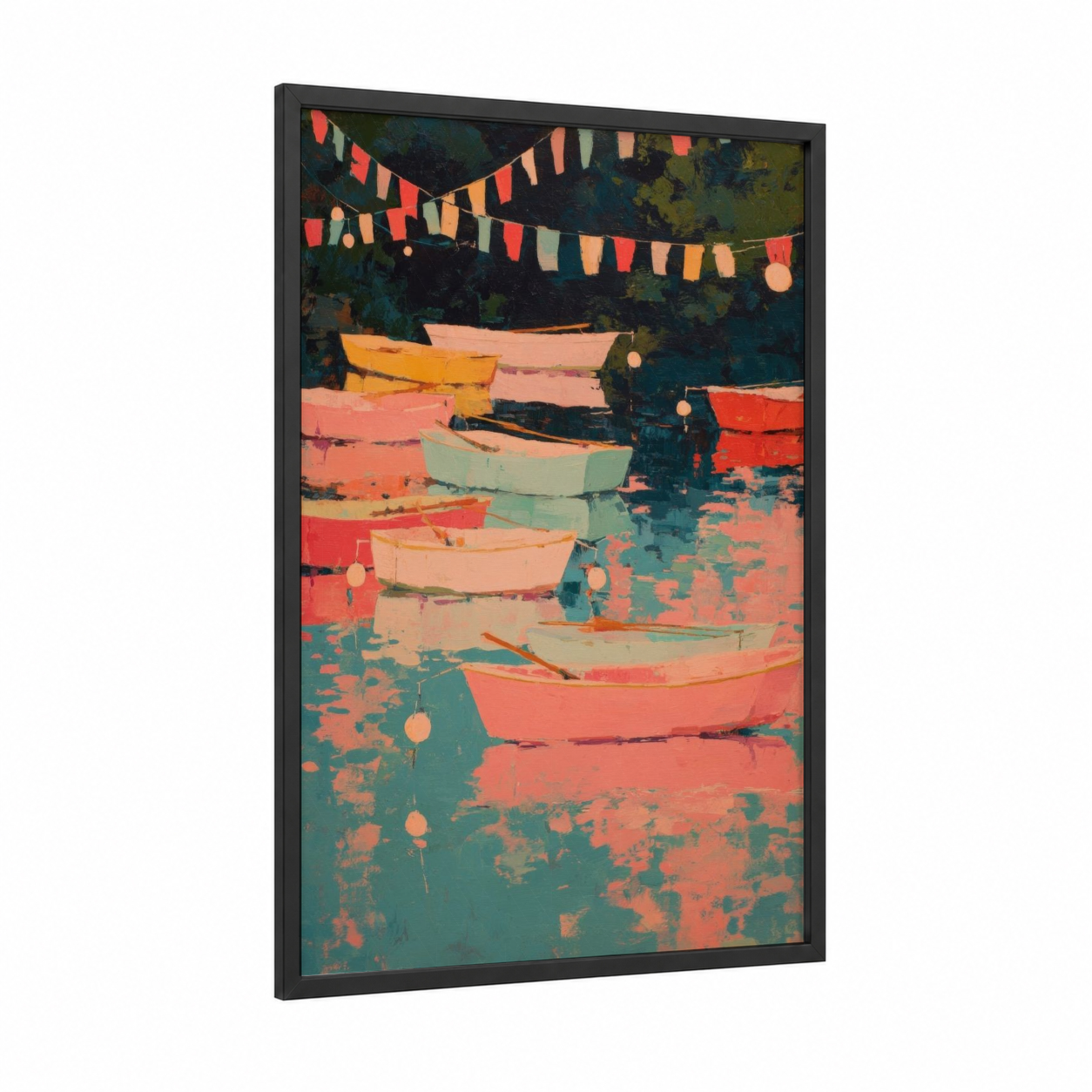 Festive Harbor Boats framed 4th of july print — black wood frame — red and teal palette