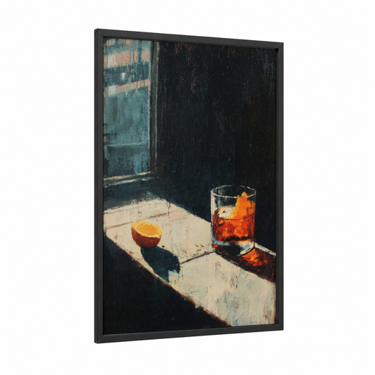 Amber Cocktail Hour framed art print — black wood frame — gold and black and white palette