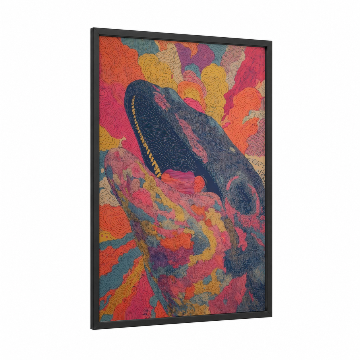 Colorful Beluga framed beluga whale print — black wood frame — magenta and gold palette