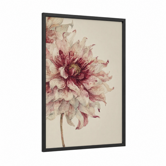 Crimson Dahlia Study framed art print — black wood frame — cream and maroon palette