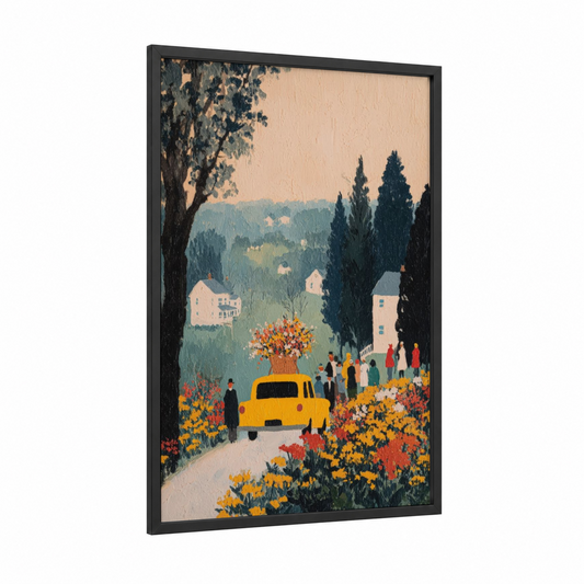 Yellow Taxi Garden framed taxi cab print — black wood frame — gold and sage green palette