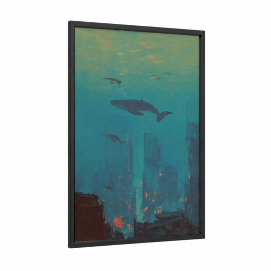 Submerged Metropolis framed sci-fi print — black wood frame — teal and gold and pink palette