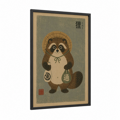 Japanese Woodblock Raccoon Wall Art framed art print — black wood frame — beige and olive palette