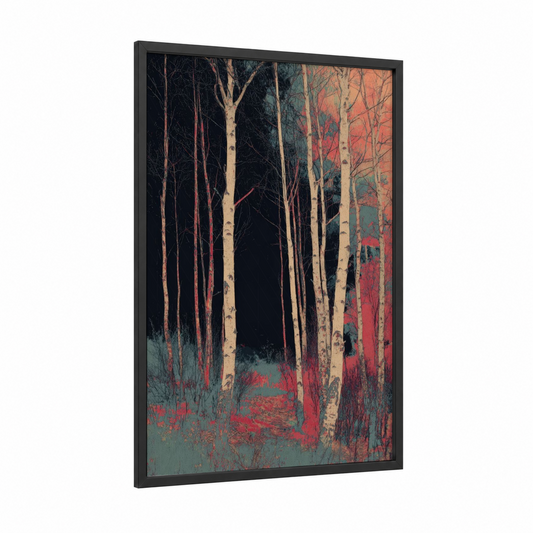 Crimson Birch Forest framed art print — black wood frame — teal and rose gold palette