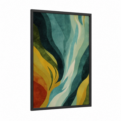 Cascading Waterfall framed art print — black wood frame — teal and gold palette