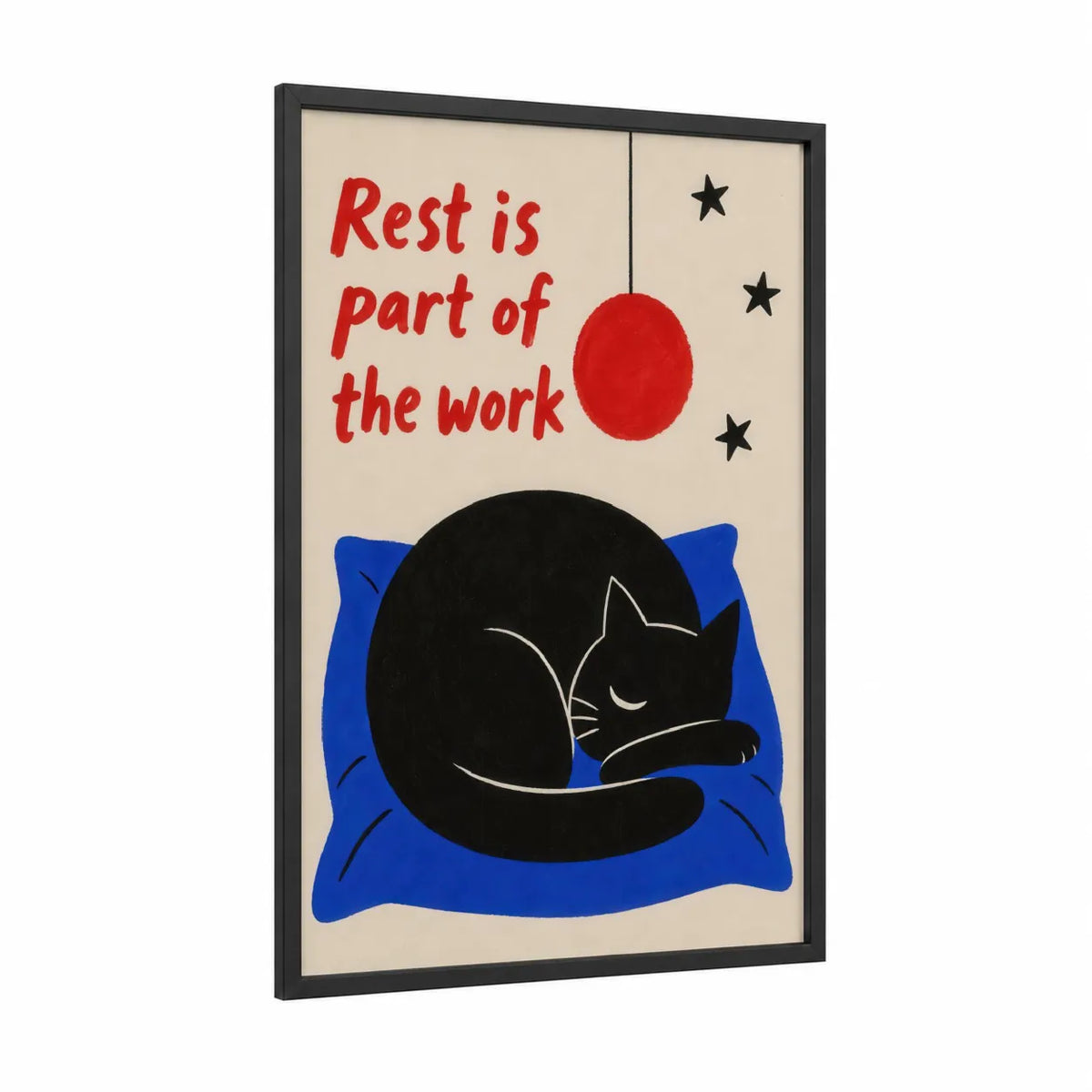 Sleeping Black Cat Minimalist Wall Art framed art print — black wood frame — black and royal blue palette