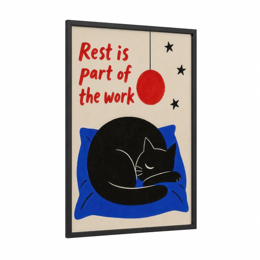 Sleeping Black Cat Minimalist Wall Art framed art print — black wood frame — black and royal blue palette