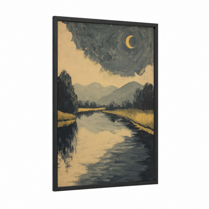 Moonlit River framed rivers print — black wood frame — gold and gray palette