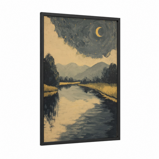 Moonlit River framed rivers print — black wood frame — gold and gray palette