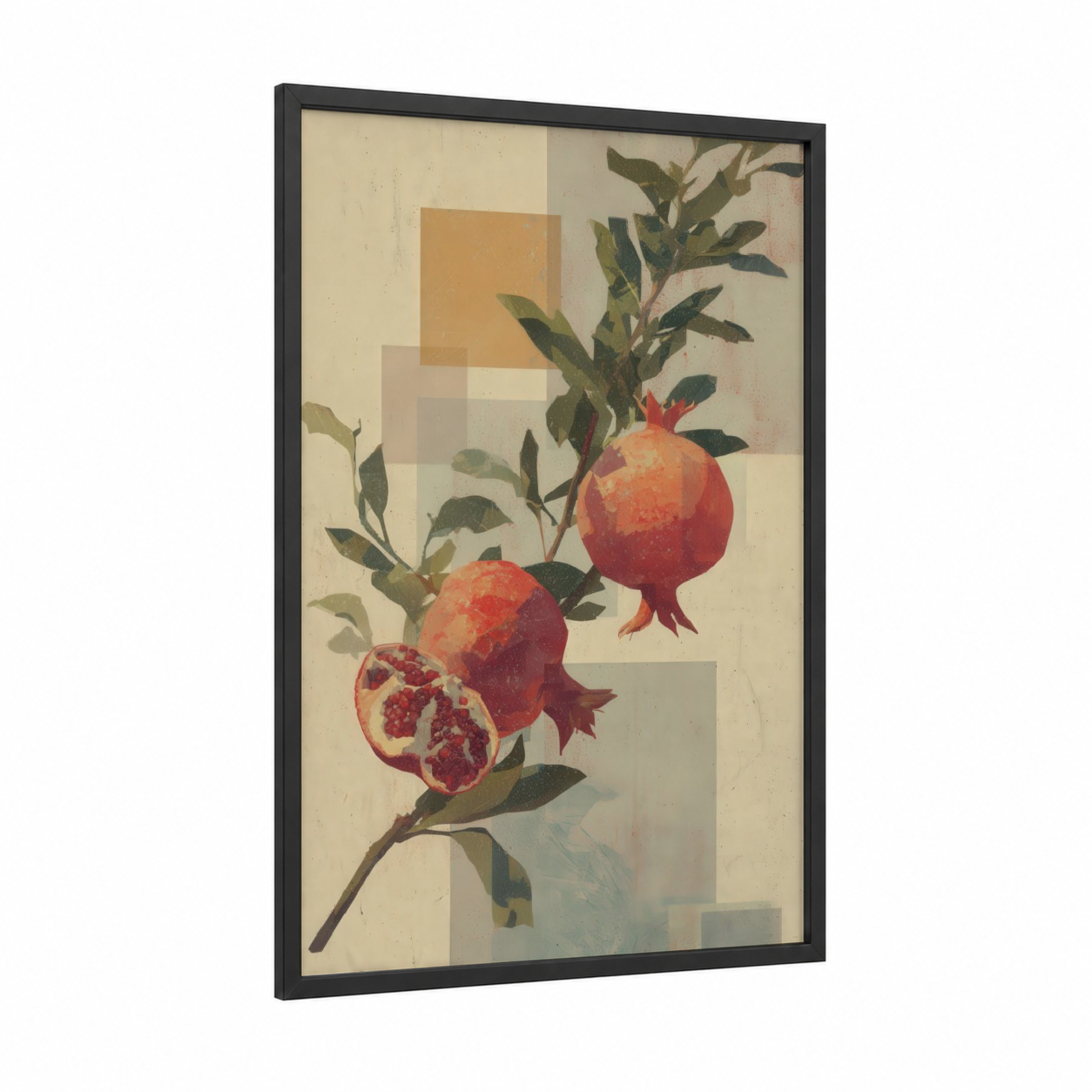 Pomegranate Branch framed fruit trees print — black wood frame — gold and red palette