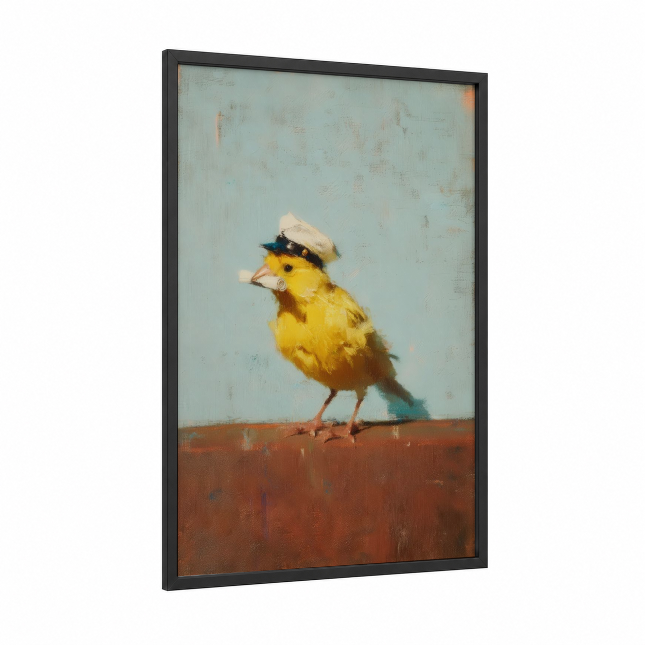 Dapper Canary framed canaries print — black wood frame — yellow gold and blue and white palette