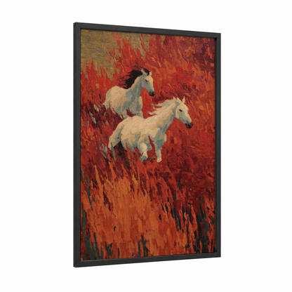 Crimson Horseback framed art print — black wood frame — red and orange palette