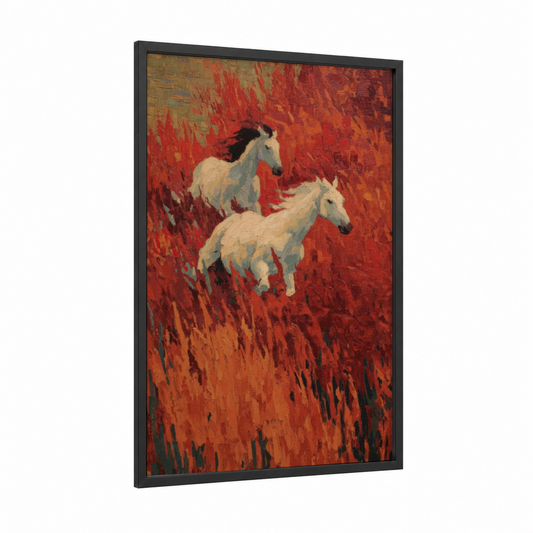 Crimson Horseback framed art print — black wood frame — red and orange palette